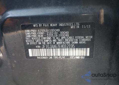 2014 Subaru Impreza 2.0I from USA, damaged, VIN JF1GJAA67EH012195